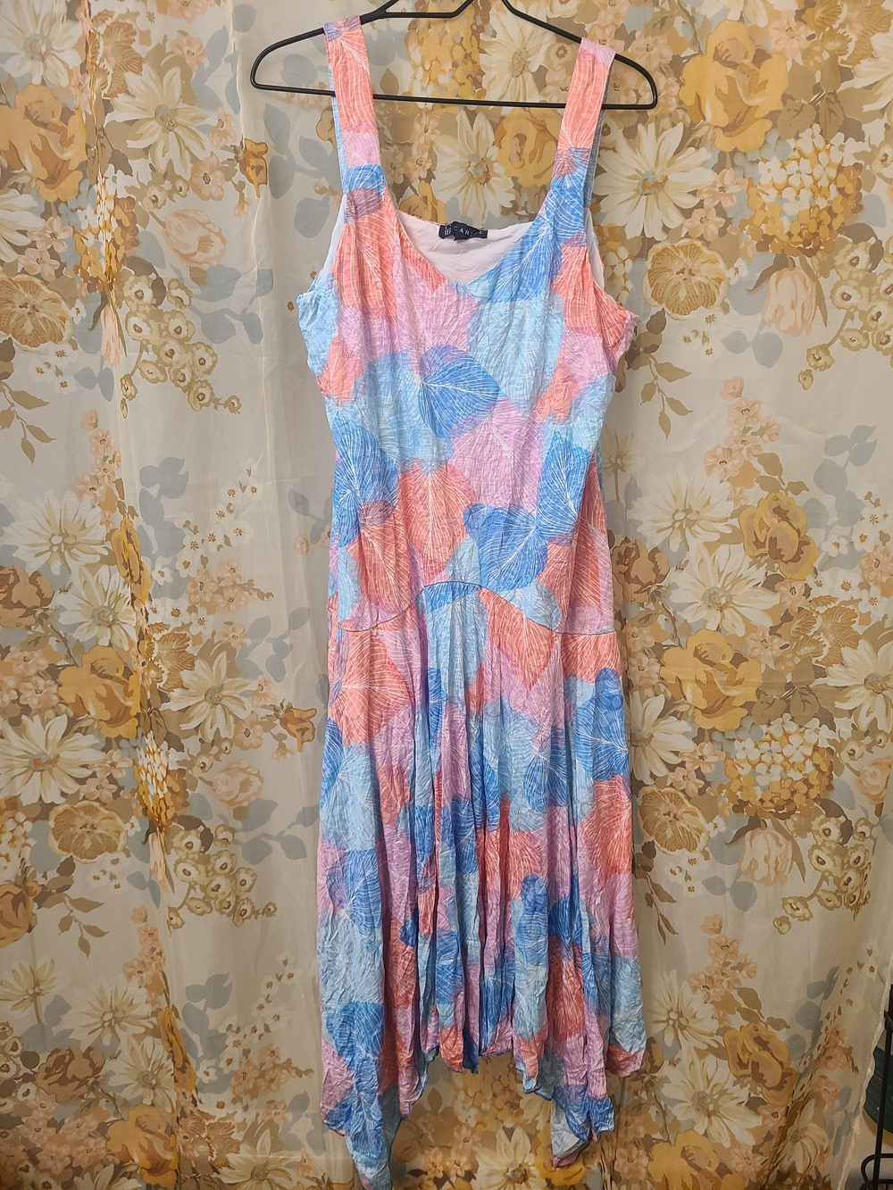 Sleeveless Asymmetrical Midi Dress in Pastel Pink, Coral & Blue Tropical Pattern